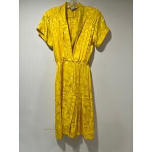 Argenti Vintage 100% Silk Short Sleeve Pleated Midi Dress Bright Yellow Sz 6